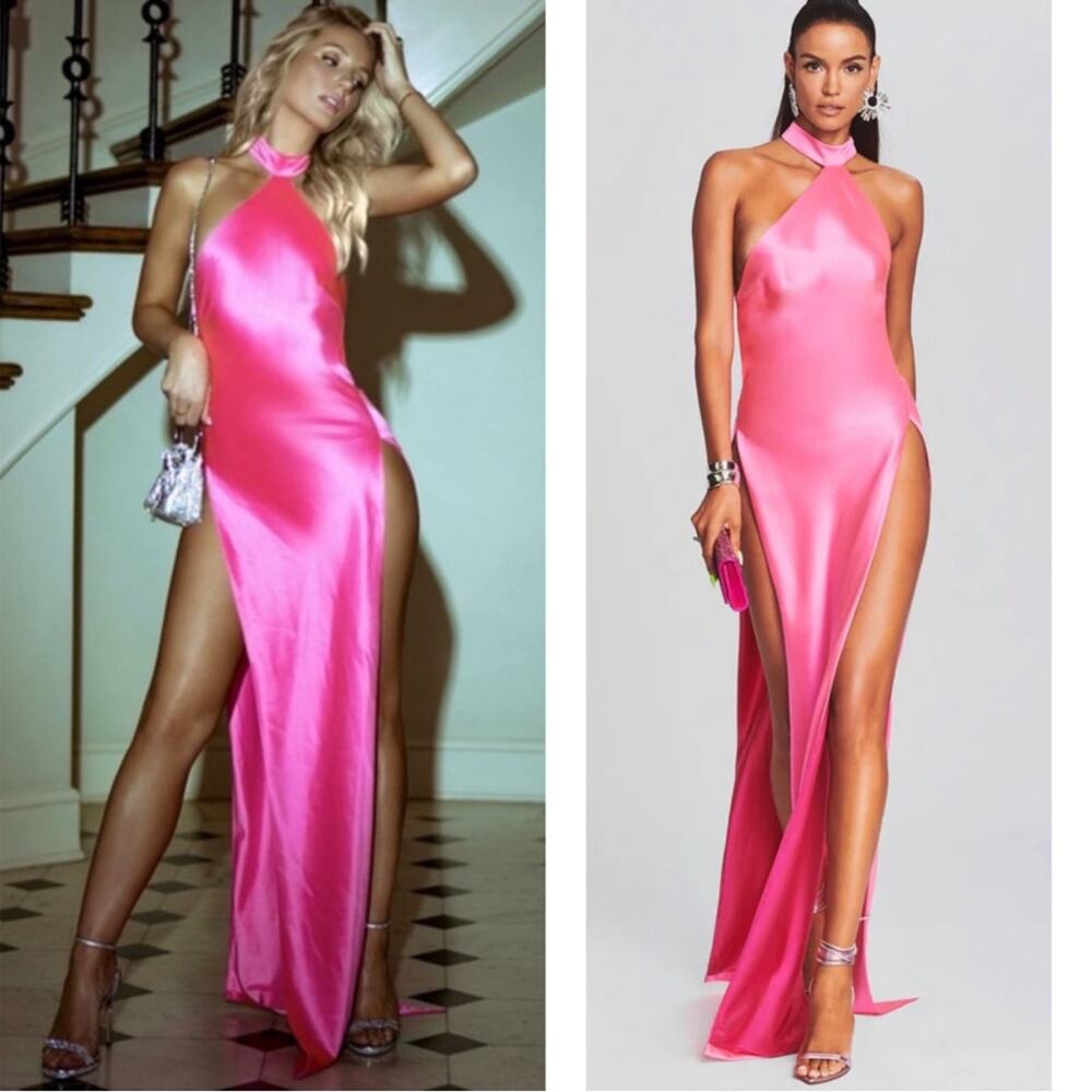 Retrofete Hot Pink Satin Halter Maxi Dress with High Thigh Slit